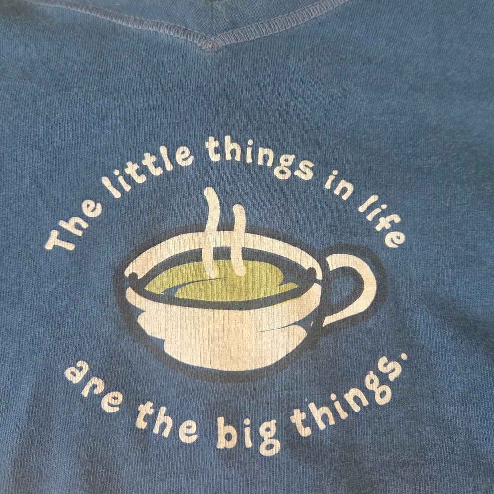 Life is Good Crusher M Womens Long Sleeve Retro Coffee Mug Blue Graphic Shirt